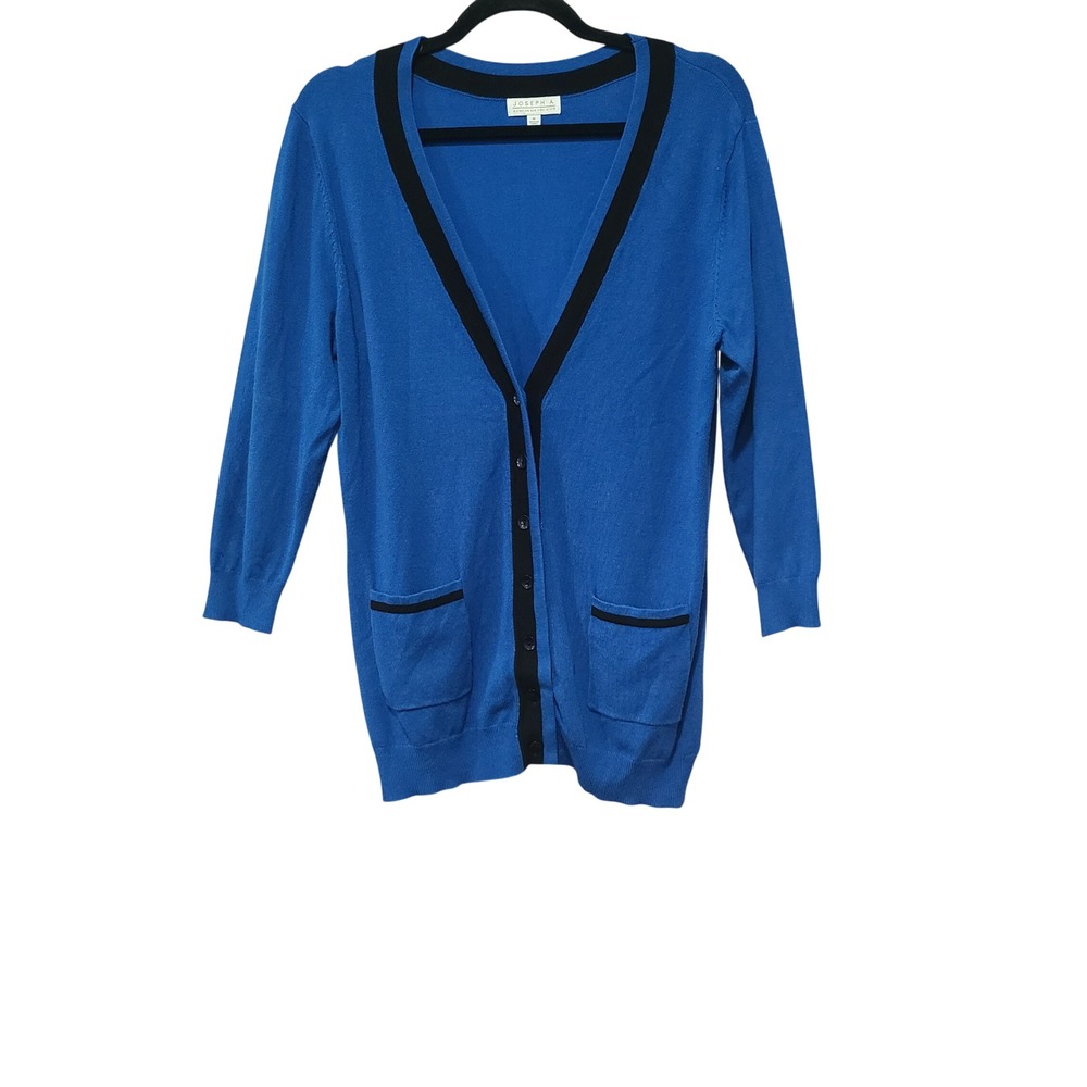 Joseph A Womens Blue Black Contrast Trim V-Neck Button Front Cardigan Sweater M